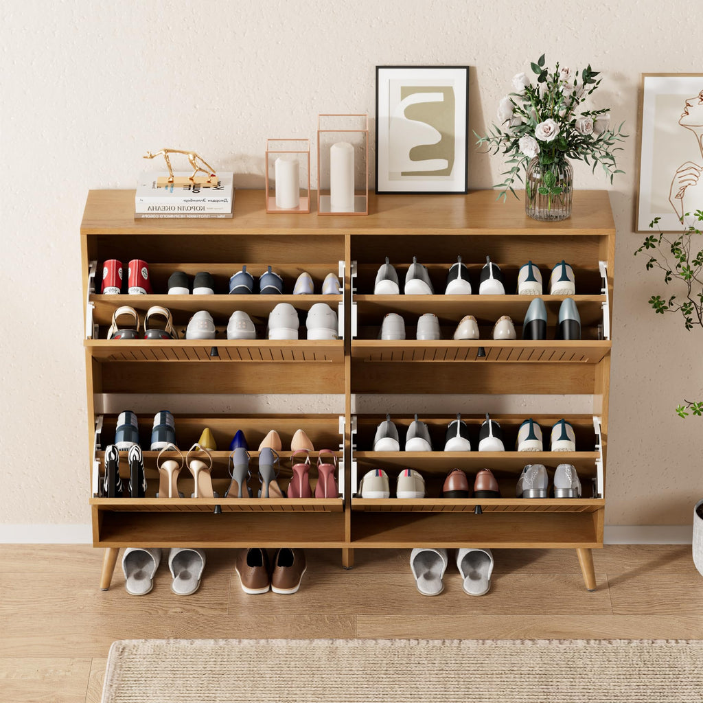 Shoe Storage Cabinet with 4 Fluted Flip Drawers, Oak