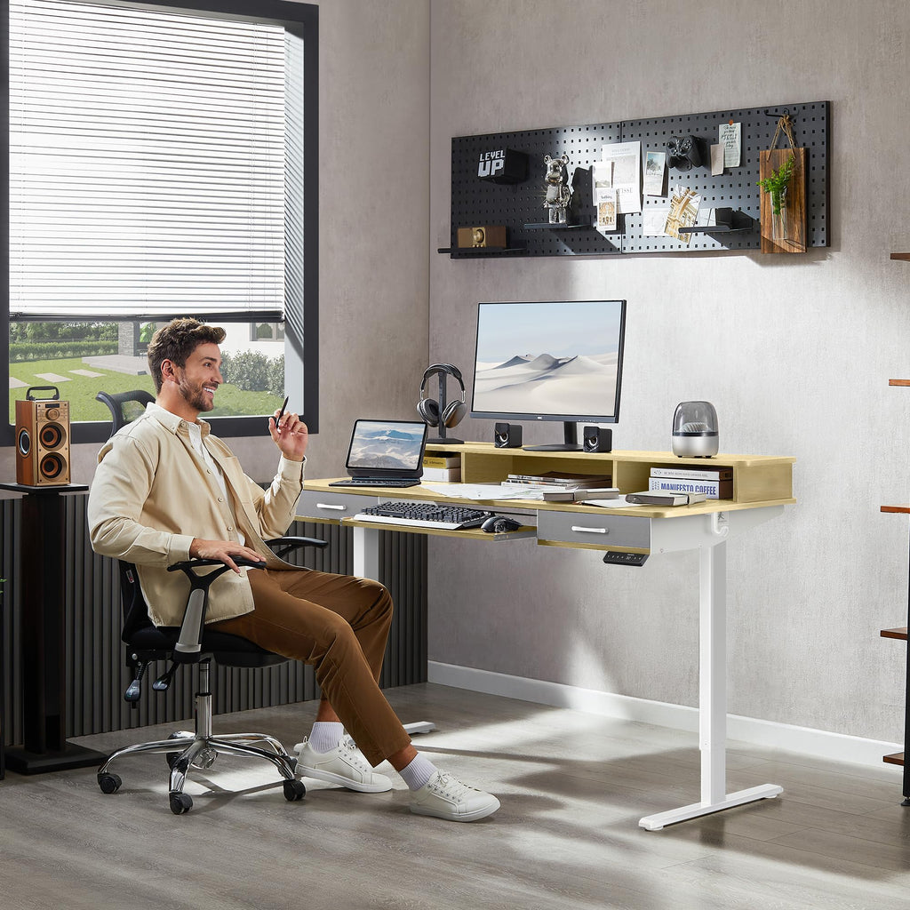 63 Inches Electric Standing Desk with Keyboard Tray, Height Adjustable Sit to Stand Table with 2 Drawers, Ergonomic