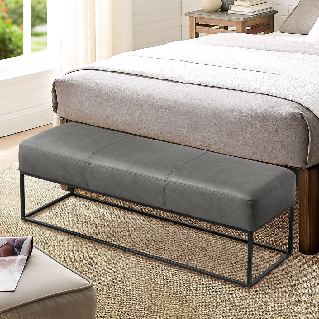 Leather Entryway Bench, Modern Long Leather Ottoman Bench Seat with Metal Frame, 47'' Upholstered Bedroom Bench