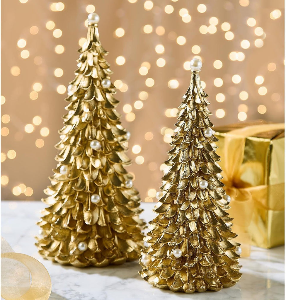 Tree with Pearl Accent Figurine, Set of 2, 10-12-inches Height, Gold, Resin/Plastic