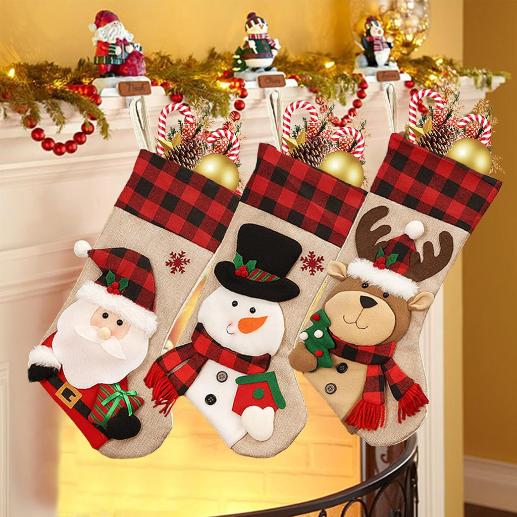 Christmas Stockings Large 18'' 3Pcs - Xmas Stocking Burlap with Plaid and Santa, Snowman, Reindeer for Family Holiday