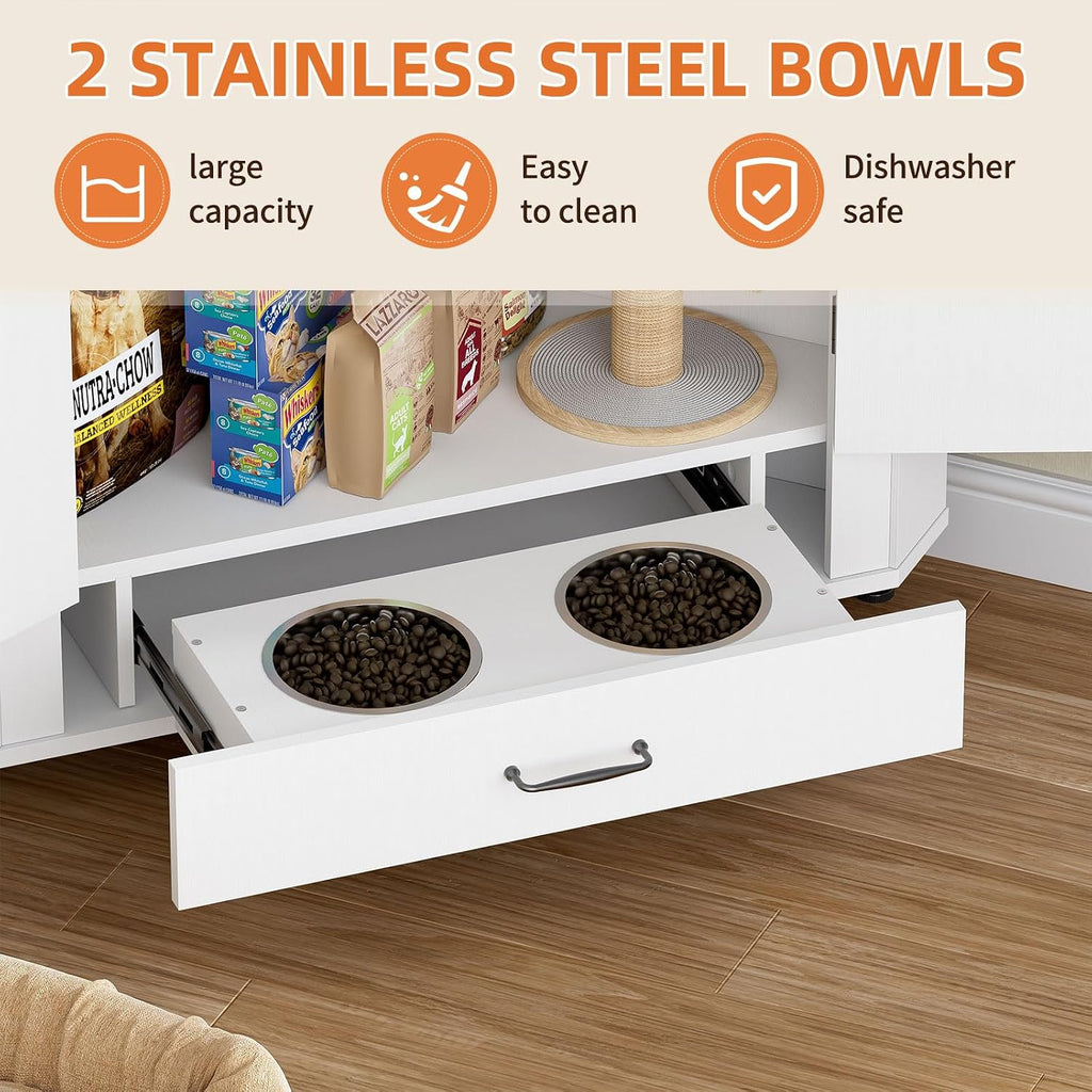 Corner Dog Food Storage Cabinet, Dog Feeding Station with 2 Hidden Bowls, Adjustable Panel, 4 Hooks, Pet Feeding