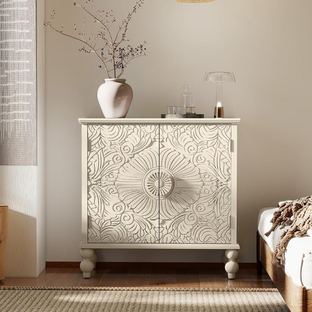 Buffet Cabinet with Storage, Accent Cabinet with 2 Carved Doors, Solid Wood Sideboard with Adjustable Shelf, Vintage