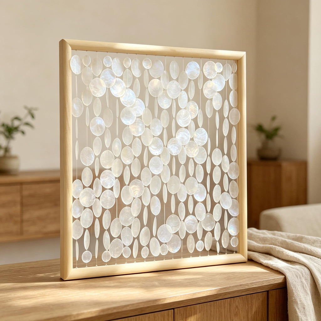 24x24 inch Handmade Capiz Shell Wall Art, Minimalist White Shell Wall Hanging with Wooden Frame, Coastal Wall Decor