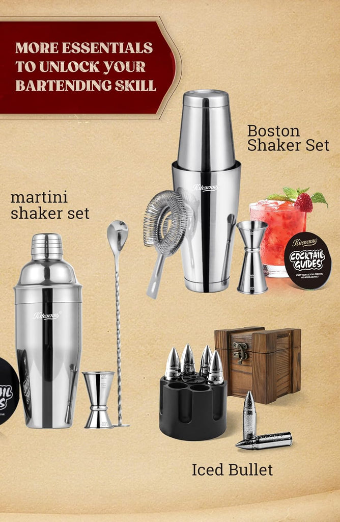Boston Cocktail Shaker Set, 4-Piece Boston Shaker Tins Bartender Kit with 18oz & 28oz Mixed Drink Shaker, Hawthorne