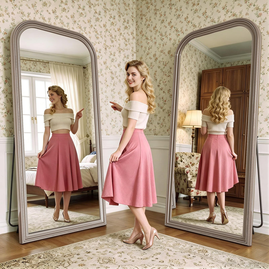 71"x32" Full Length Mirror with Stand, Arched PU Frame