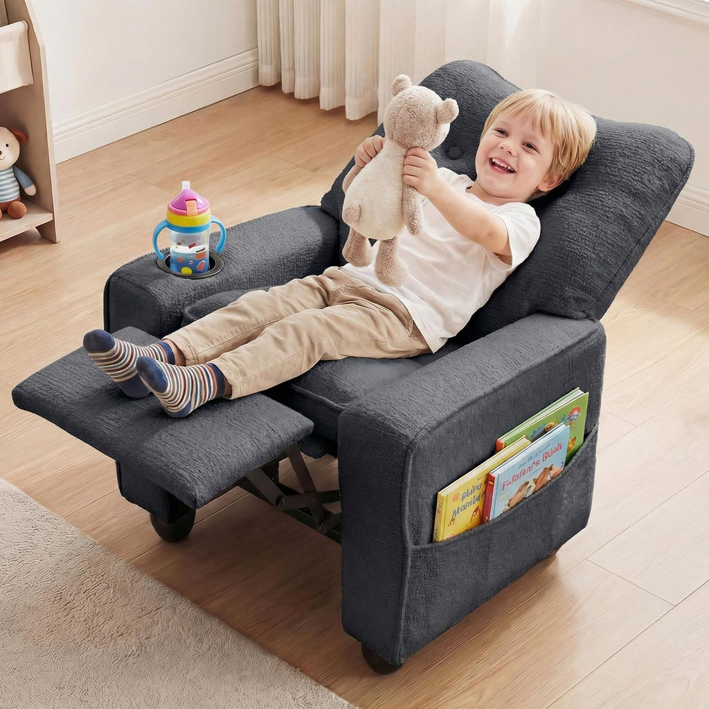 Kids Recliner, Toddler Lounge Chair with Adjustable Backrest Footrest Side Pockets Cup Holder 90 lbs Load, Velvet