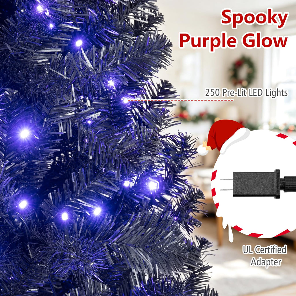 6ft Pre-Lit Black Christmas Tree, Artificial Halloween Tree