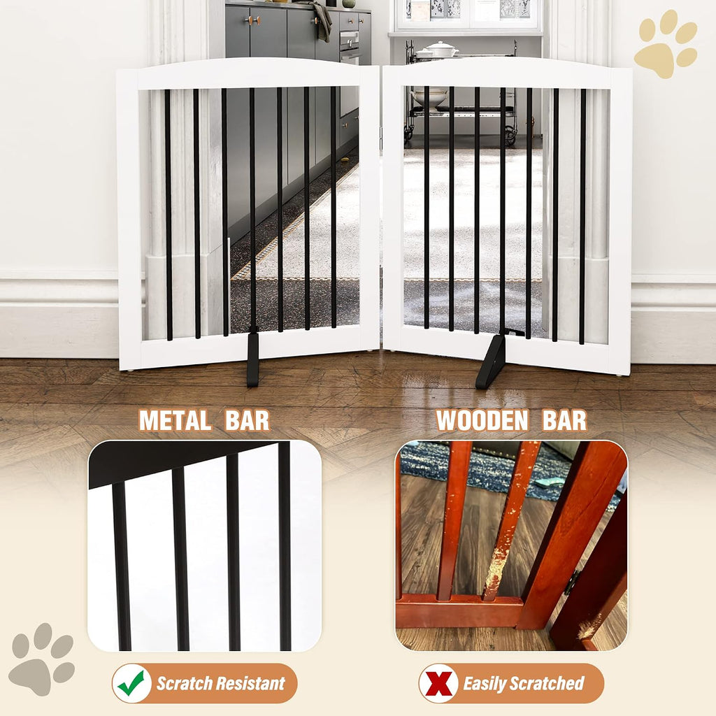 Freestanding Pet Gate for Dogs, Foldable Wooden Dog Gate, Indoor Pet Barrier for Stairs, Doorways, Support Feet