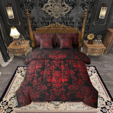 Gothic Damask Bed in a Bag Queen Comforter Set 7 Piece, Exotic Moth Bedding Sets Red Black Victorian Floral Goth Sheet