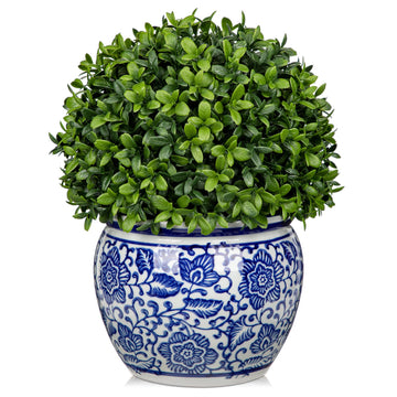 Artificial Topiary Boxwood Ball in Blue and White Ceramic Pot, 10 Inch Artificial Boxwood in Planters Decorative Fake