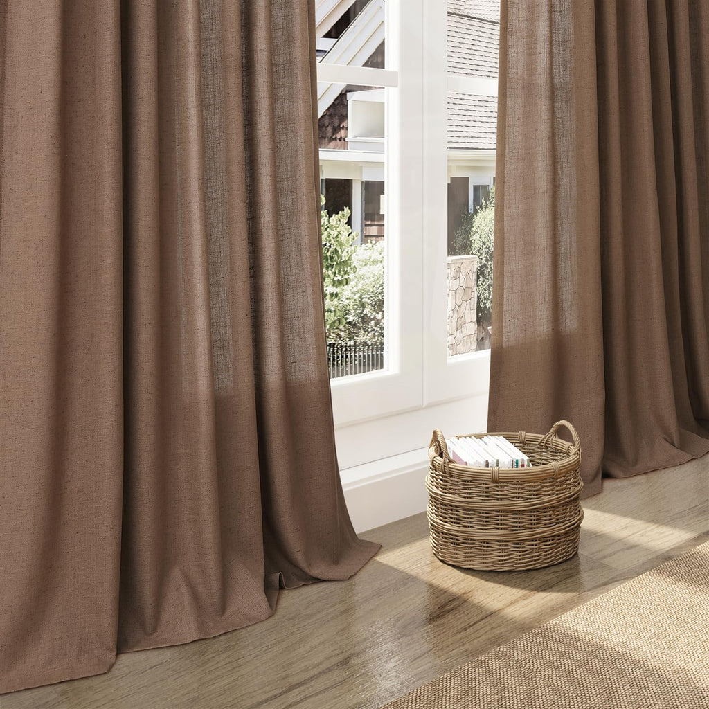 Caramel Brown Linen Curtains 120 Inch Extra Long Back Tab Light Filtering Semi Sheer Drapes Modern Farmhouse Decor