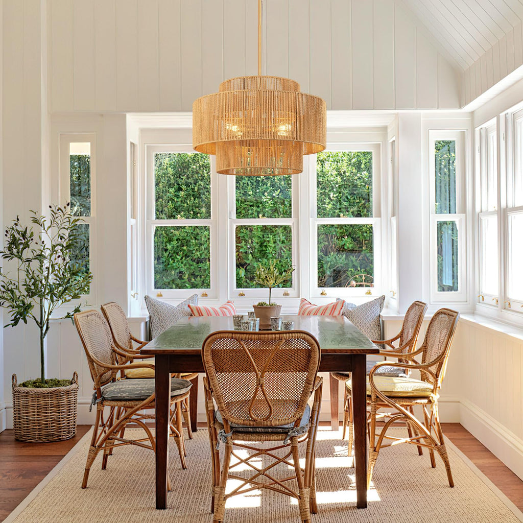 24'' Boho Rattan Chandelier, 4-Light Hand-Woven Wicker Pendant Lamp, Rustic Modern Ceiling Light Fixture Island