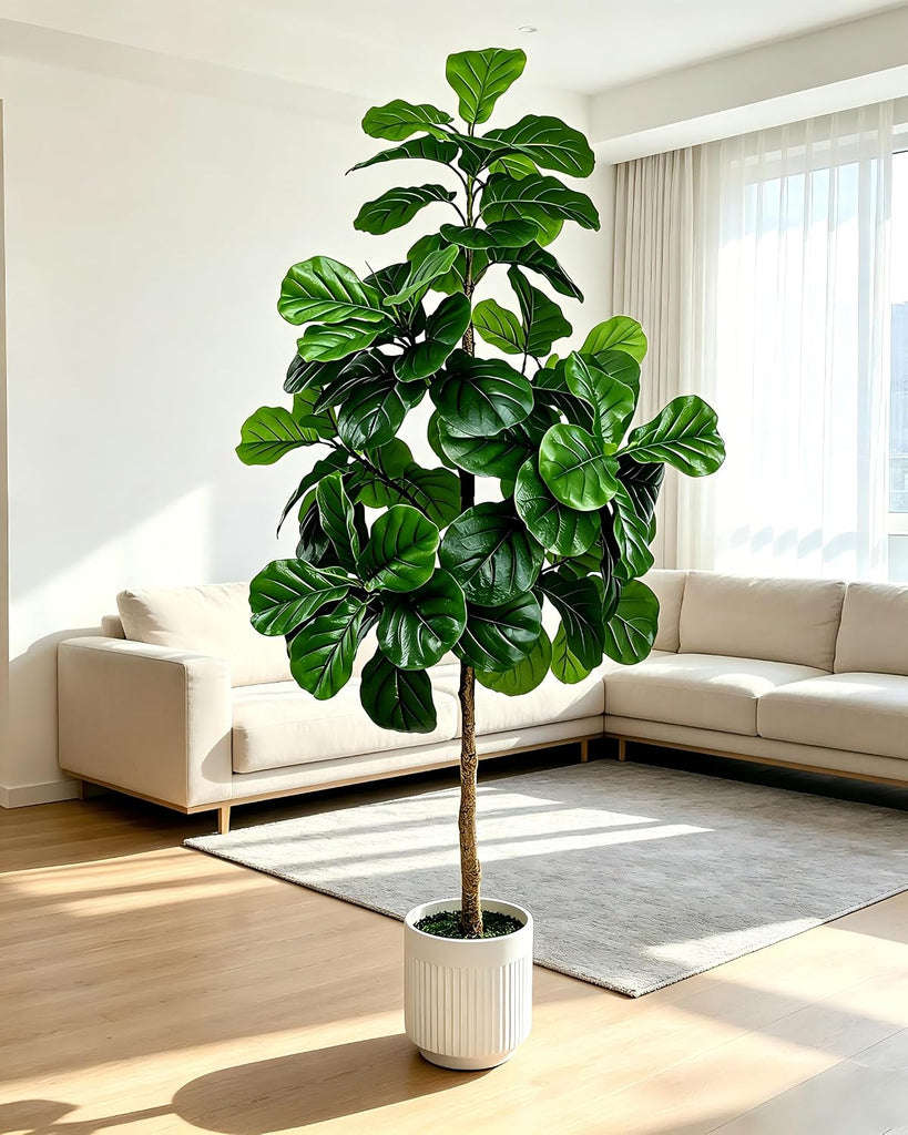 6FT Fiddle Leaf Fig Artificial Tree, Silk Fake Ficus Tree with White Planter, Indoor Faux Fiddle Leaf Fig Tree