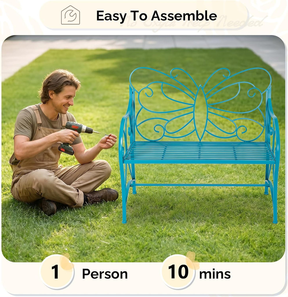 38.7in Cast Iron Outdoor Bench with Cushion, All Weather Resistant Metal Bench with Curved Armrests and Butterfly