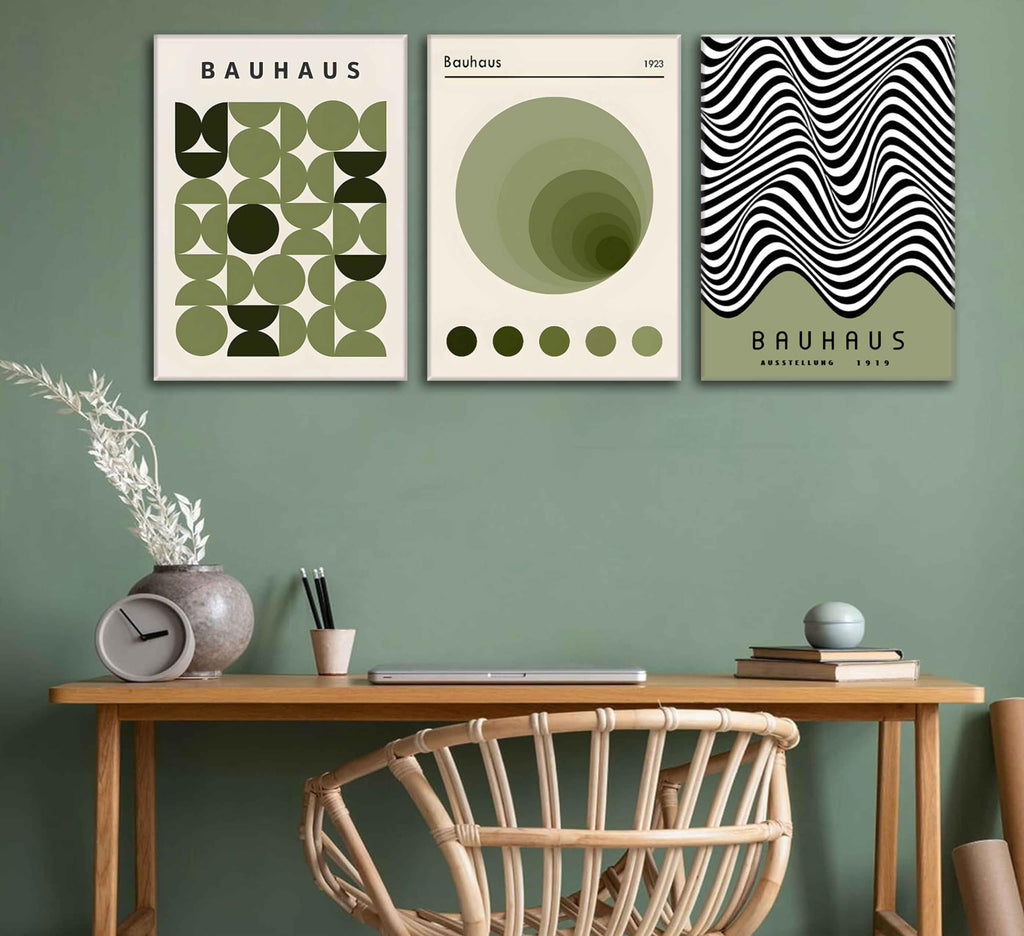 Green Bauhaus Wall Art, Mid Century Geometric Wall Decor, Set of 3, 12x16in