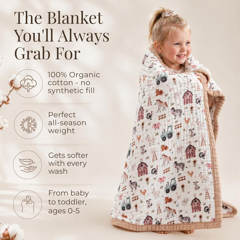 Organic Cotton Muslin Baby Blanket for Boys and Girls - Luxurious Soft Toddler Quilt for Swaddling - Gender Neutral