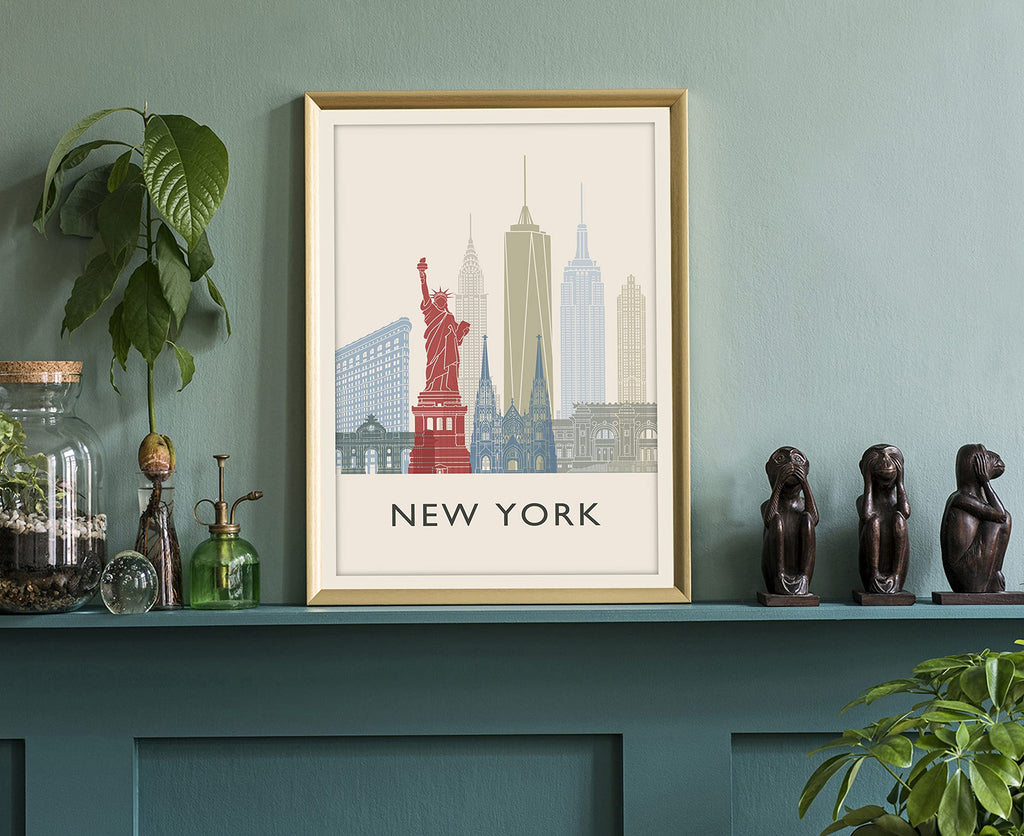 York Illustration Poster Poster, Skyline Cityscape and Landmark Print, Wall, Office Decor, Home - 24x36