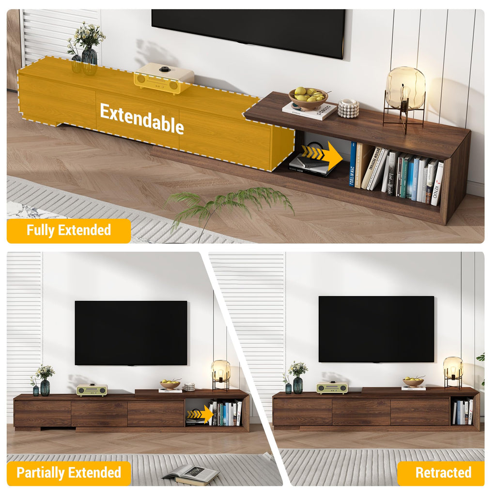 Extendable TV Stand with 3 Drawers, Modern Minimalist Entertainment Center, Reversible Long TV Media Console, Bevel