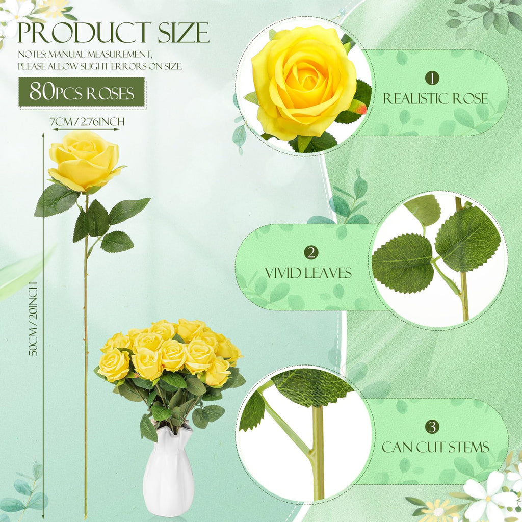 80 Pcs Artificial Roses Flowers Bulk, Yellow