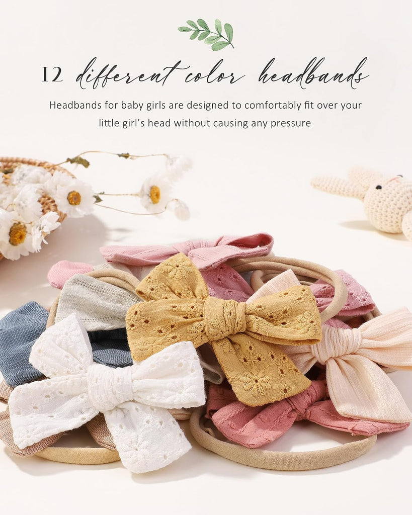 12pcs Baby Girls Hair Bows Nylon Elastic Headband Hair Accessories for Infants Toddlers Newborn