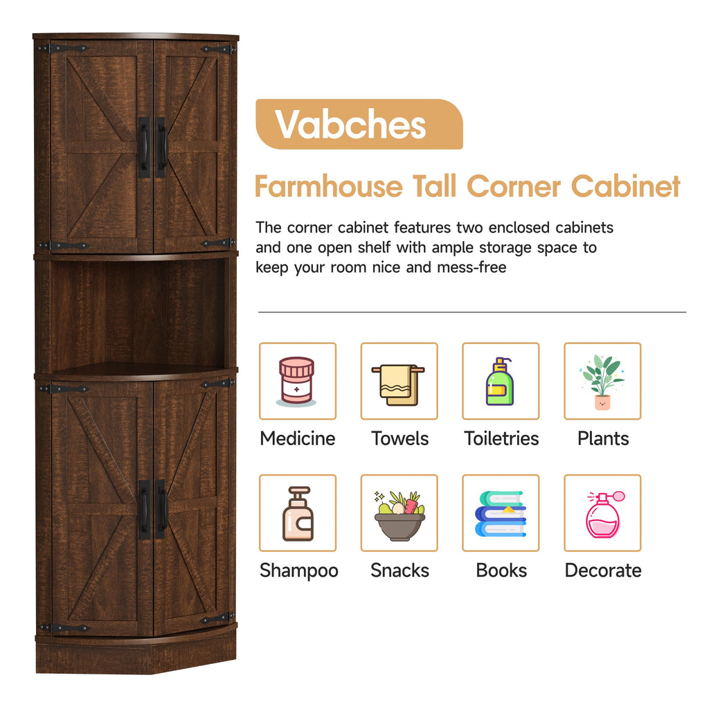 64.8" Tall Farmhouse Corner Cabinet with 4 Doors and 5 Storage Shelves, Farmhouse Storage Cabinet with Barn Door