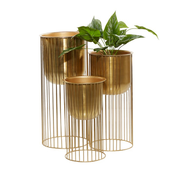 Metal Indoor Outdoor Planter Set of 3, 24", 20", 16"H, Satin Gold