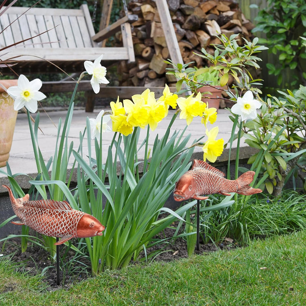 Garden Statues Koi Fish Decor Outdoor Garden Fish Statues, Set of 2 Antique Copper Koi Art Sculptures , Backyard