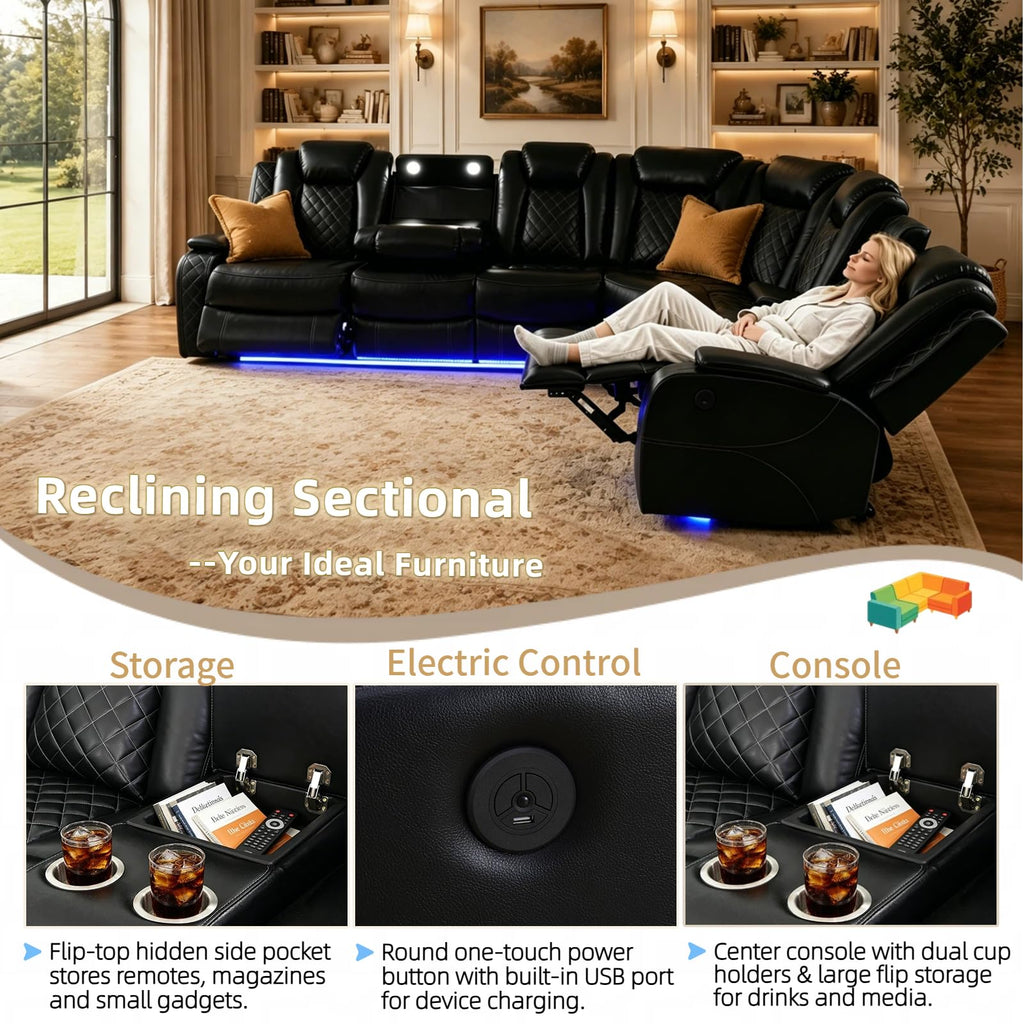 Breathing Leather Power Reclining Sofa Set, Sectional Couch with LED Light