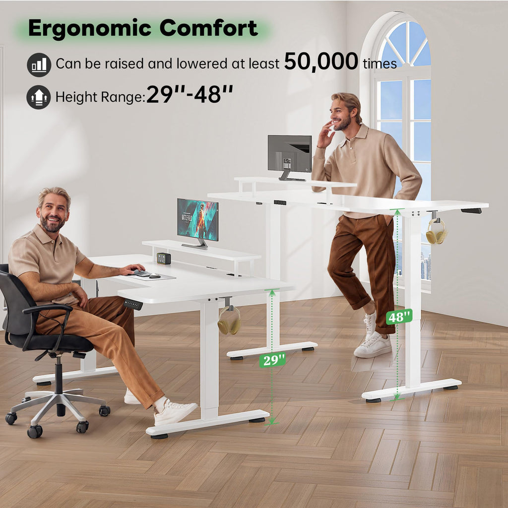 71 x 36 Inch U Shaped Electric Standing Desk, Height Adjustable Desk with Power Outlet, 3 Memory Height