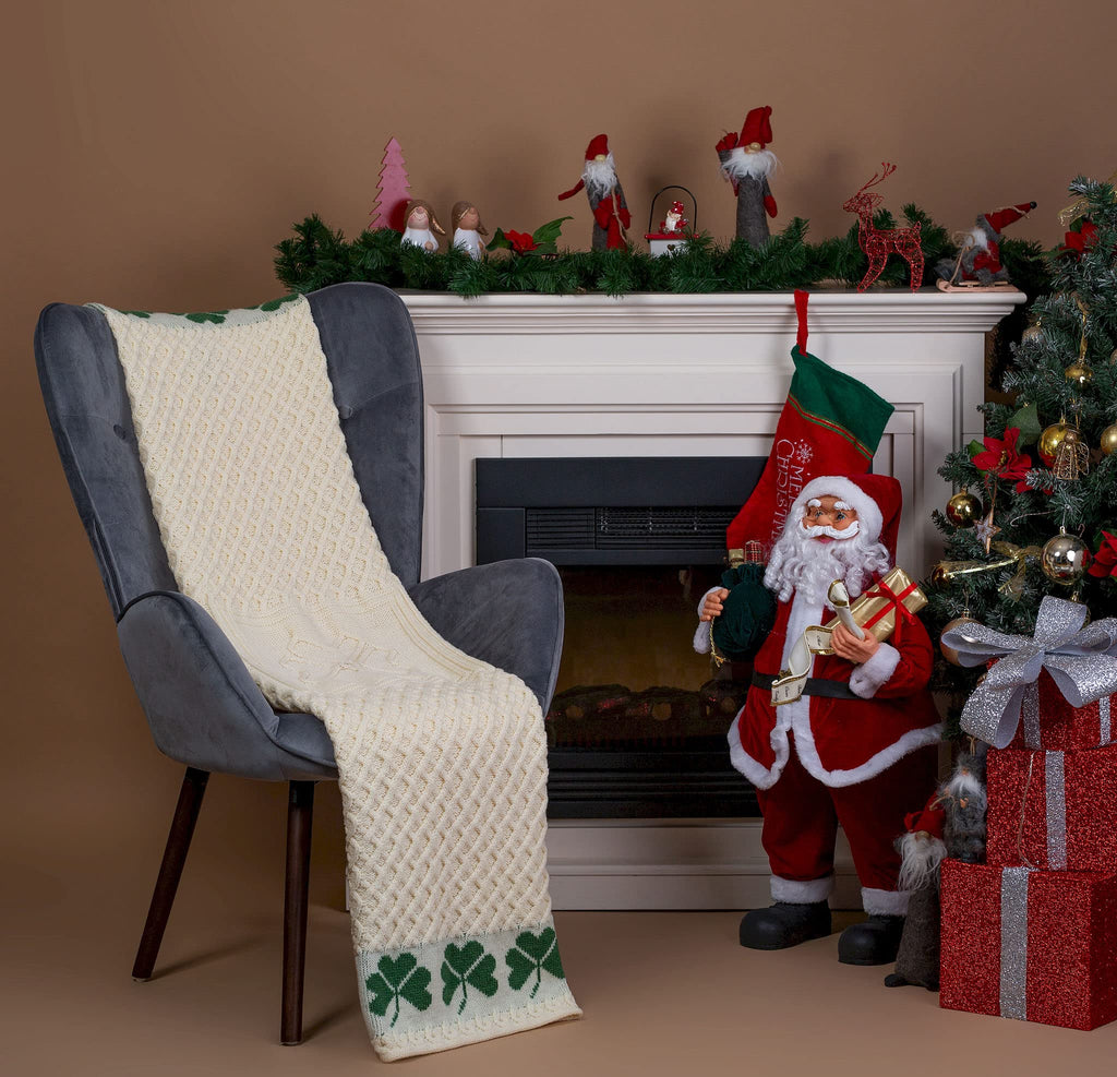 Irish Shamrock Aran Throw Blanket -100% - Honeycomb Pattern - Natural / 40'' x 60''/100 cm x150 cm
