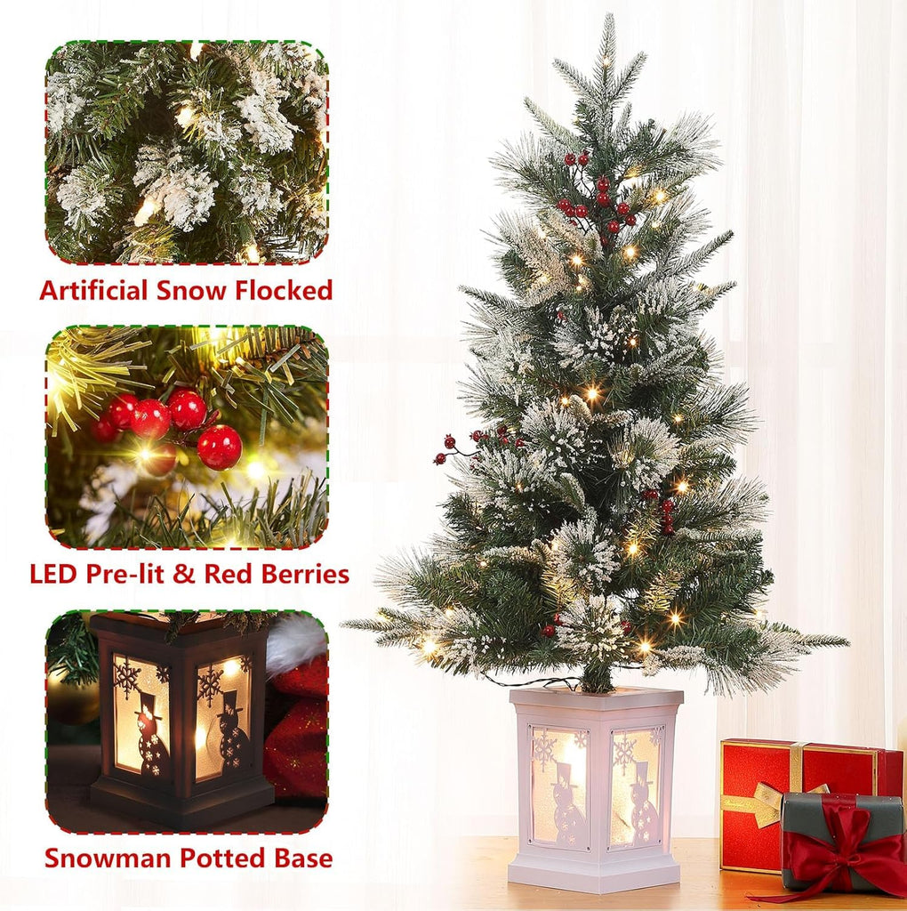 3ft Pre-Lit Holiday Christmas Tree, Artificial Christmas Tree with Timer Function and Led Lights, Snowman and Red