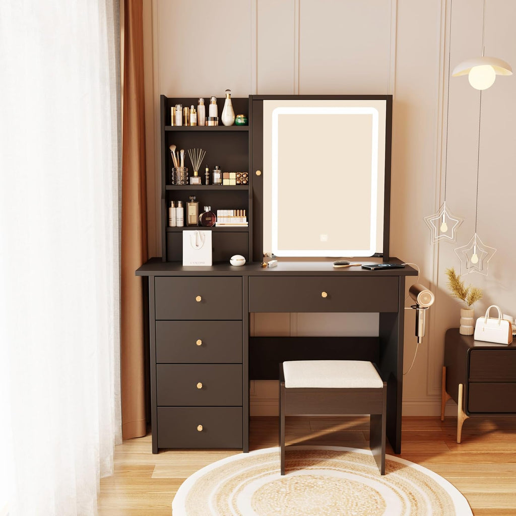 Vanity Desk with Mirror and LED Lights, Makeup Vanity Set with Power Outlet, and Stool,Jewelry Storage,Black Vanity