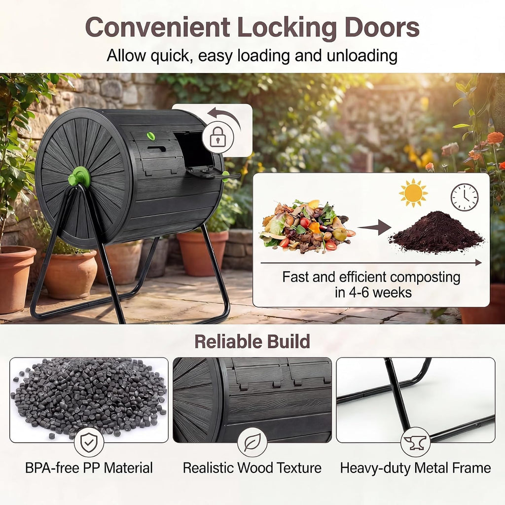 37.5 Gallon Outdoor Dual Chamber Compost Tumbler, Black | BPA-Free Rotating Composter with 2 Lockable Doors, Easy