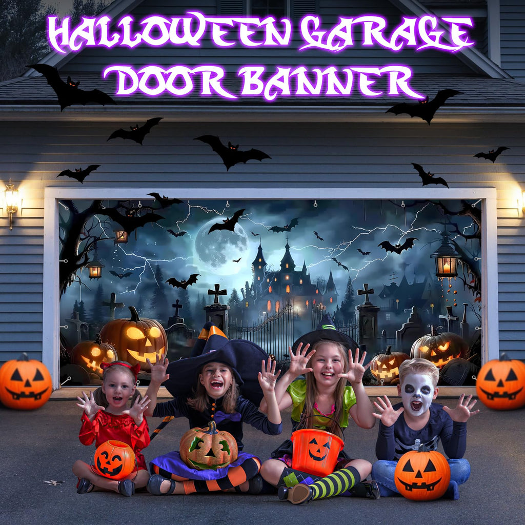 7x16ft Halloween Garage Door Cover Banner Large Hanging Backdrop Door Cover Gloomy Garage Wall Decoration Backdrop