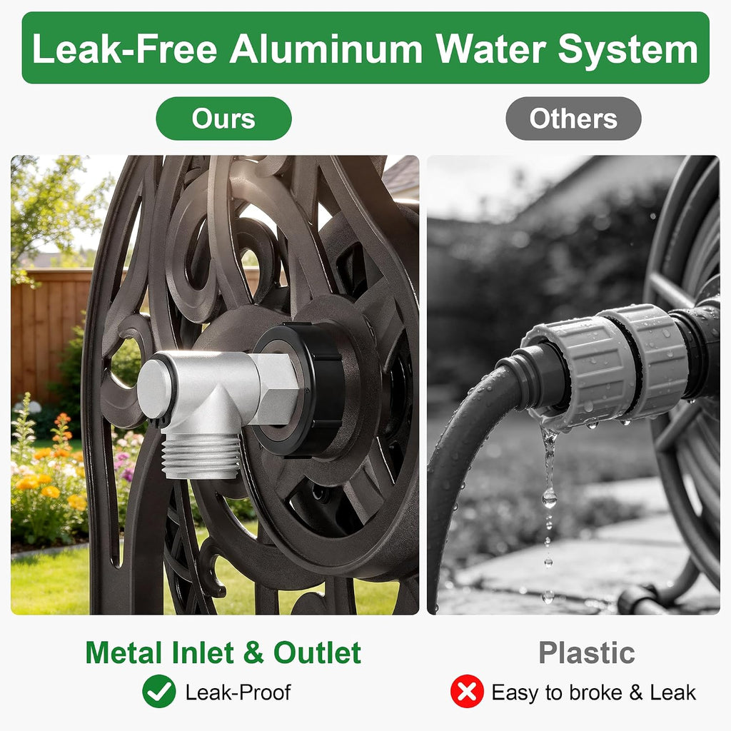 Garden Hose Reel Wall Mount Metal, Holds 125 ft x 5/8" Decorative Water Hose Holder for Outside Storage, Heavy Duty