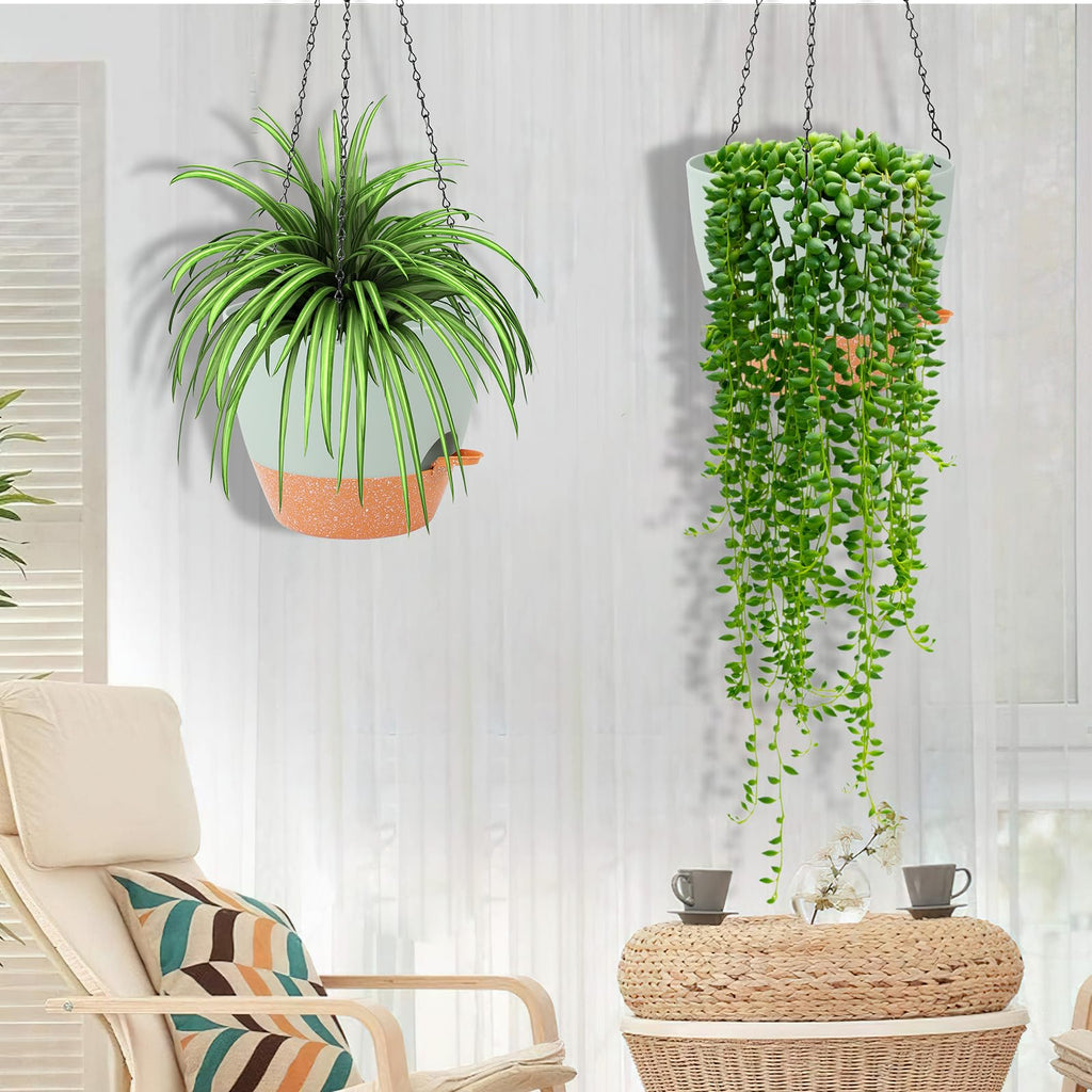 10 Inch Self Watering Hanging Planter, Indoor, 2 Pack, Green