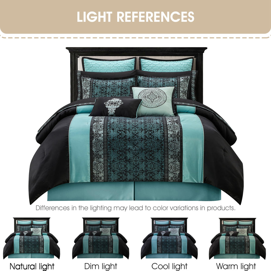 Black & Teal Comforter Set California King Size, Classic Jacquard Bedding Sets, Faux Silk, Premium Microfiber, 12