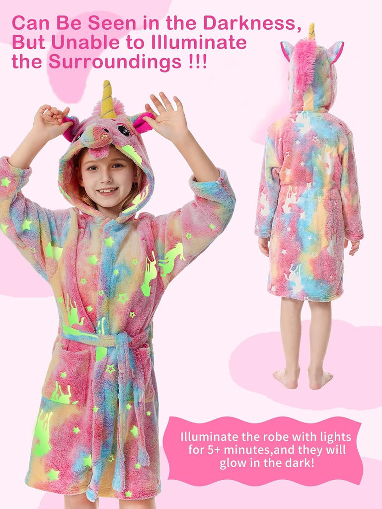 Glow in The Dark Kids Robes for Boys Girls Toddler Warm Fleece Hooded Bathrobe Soft Fuzzy Bath Robes