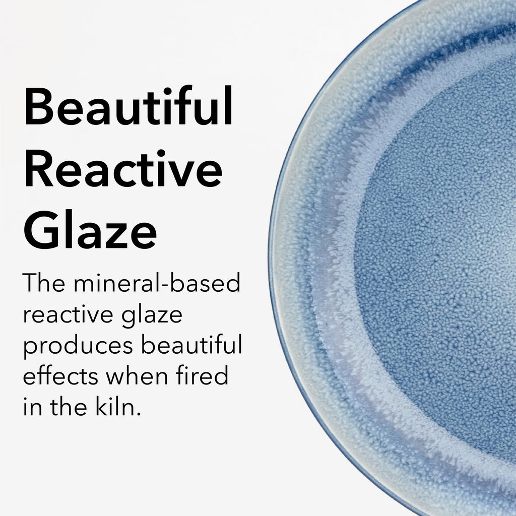 Round Stoneware 16pc Dinnerware Set for 4, Dinner Plates, Side Plates, Cereal Bowls, Mugs - Reactive Glaze Blue