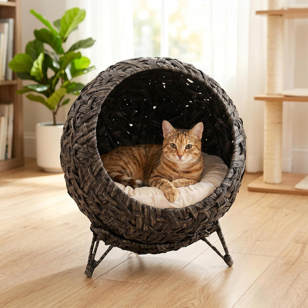 Rattan Cat Bed Elevated Handwoven Cat Basket Bed for Kittens Gray