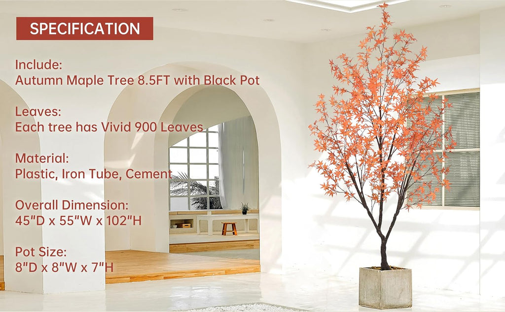 Autumn Maple Tree 8.5FT with 900 Red & Orange Leaves Fall Décor Tall Large Faux 102 Inch Plant Black Pot for Indoor