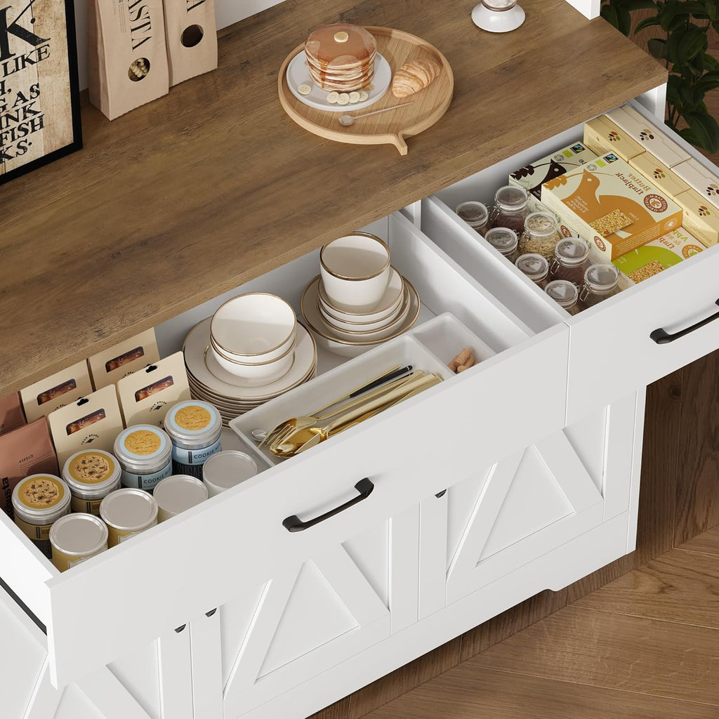 71"H Kitchen Pantry Storage Cabinet, Farmhouse Hutch Cabinet, White | Space-Saving Pantry Cabinet with Charging