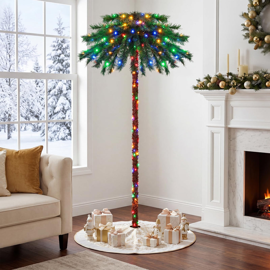 6 FT Pre-Lit Palm Tree Christmas Tree, Artificial Lighted Palm Tree with 210 Multi-Color LED Lights, Metal Base