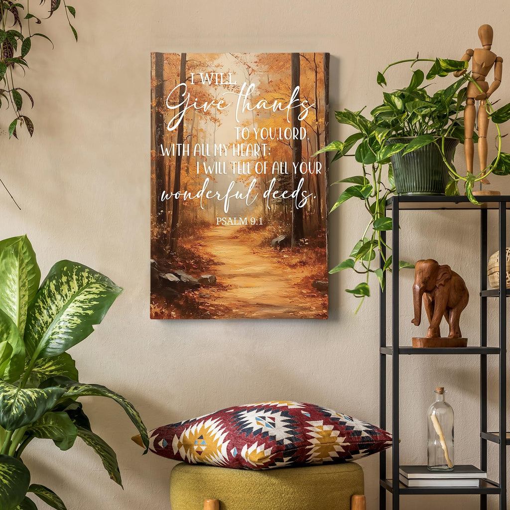 Fall Christian Wall Decor, Autumn Nature Forest Thanksgiving Bible Verse Framed Canvas Painting Wall Art Decor