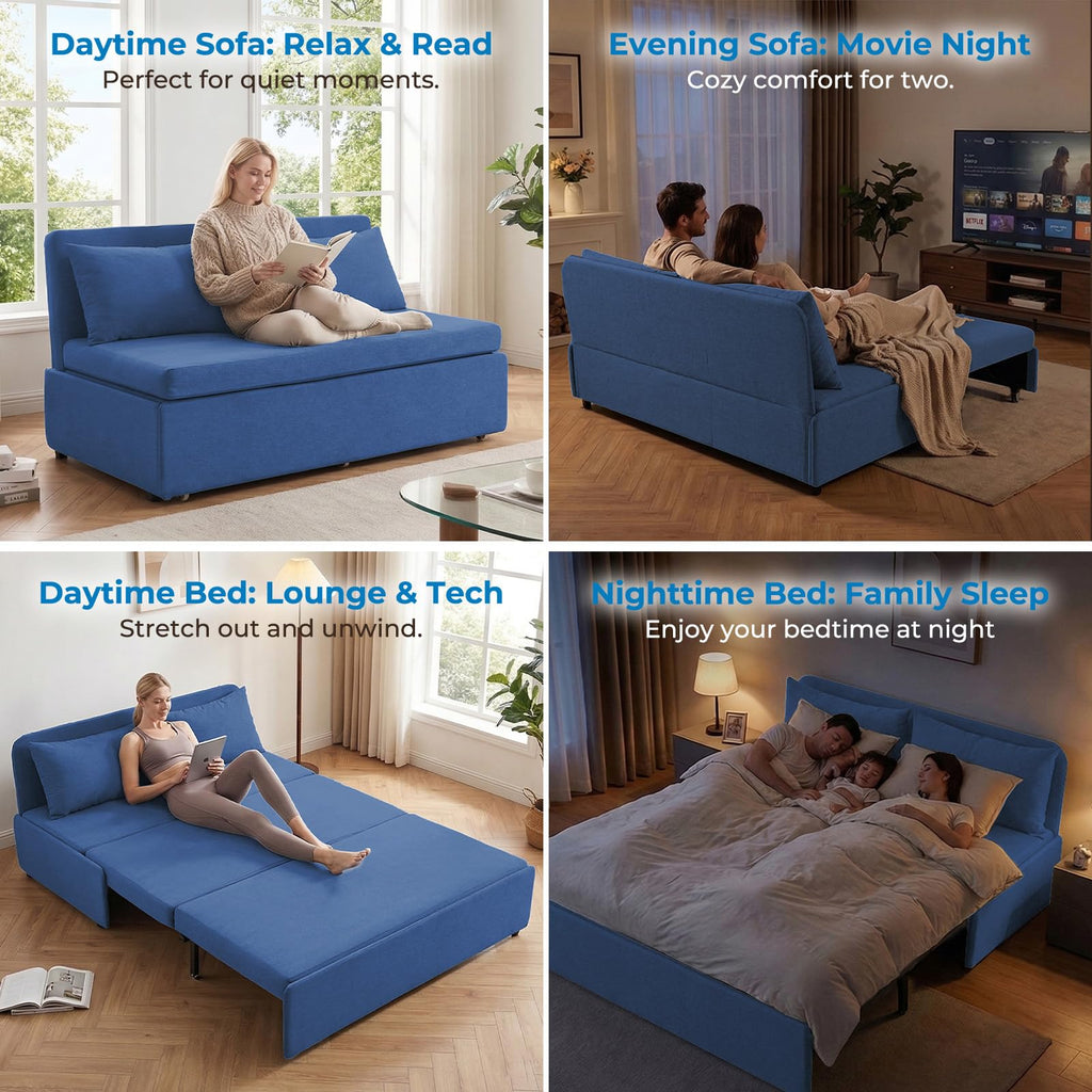 Queen Size Sofa Bed, Linen Pull Out Sleeper Couch Beds, 62" W 2-in-1 Modern Convertible Sofa, Pull Out Sleeper Sofa