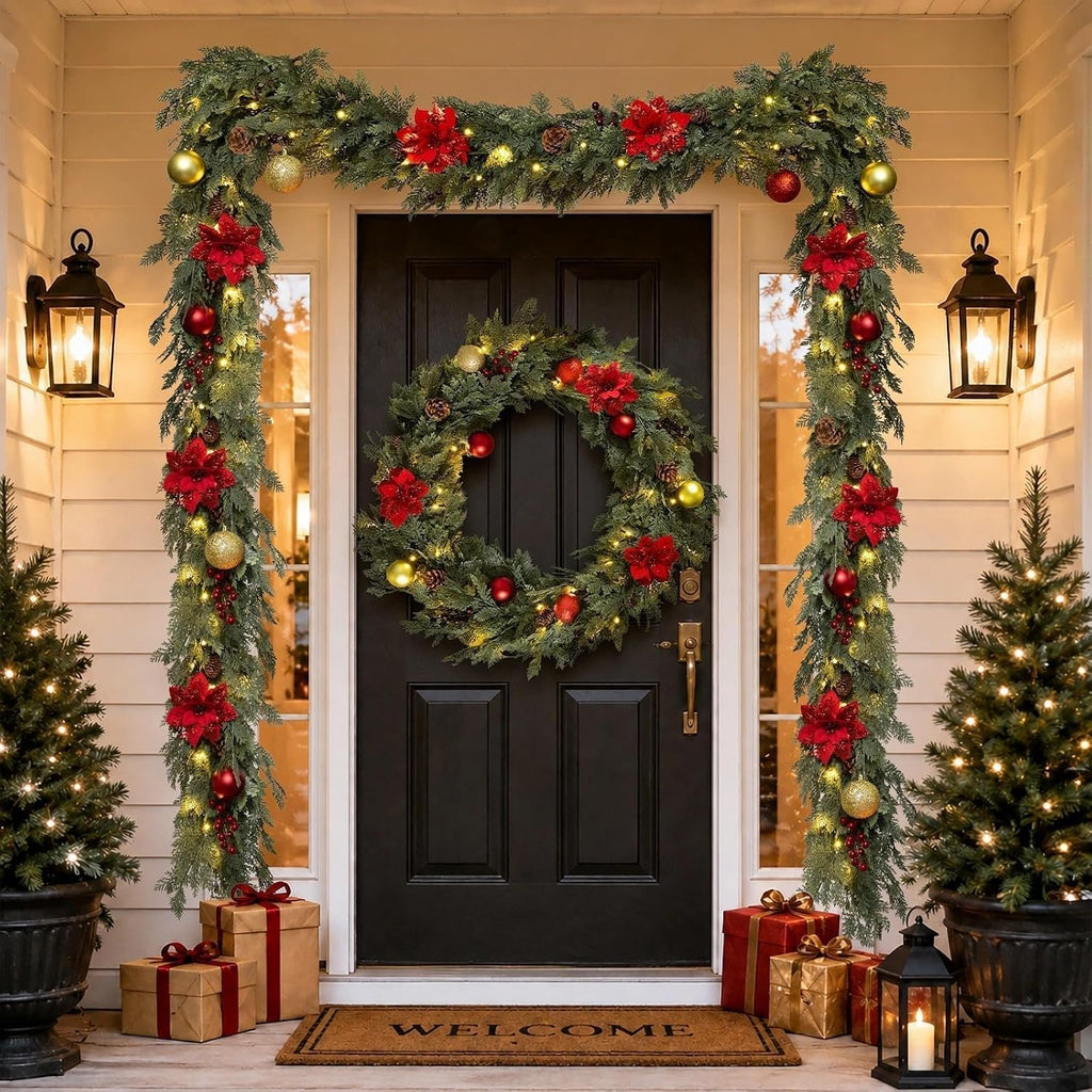 Christmas Garland 9FT Decorations Cedar Cypress Garland with Berry Pine Cone Poinsettia Balls Artificial Green