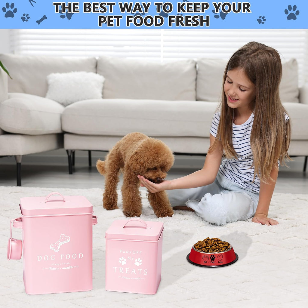 Small Dog Food Container and Dog Treats Container - Tight Lids - Feed Scoop and Pet Food Bowl - Farmhouse Metal