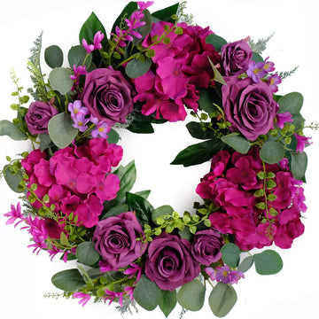 Artificial Purple Rose Wreaths 20 inches Front Door Wreath with Hydrangea Green Leaves Artificial Spring Wreaths