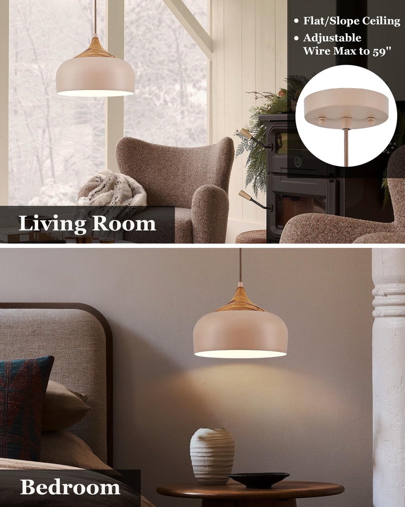 12 Inch Modern Japandi Pendant Light Island Farmhouse Hanging Lamp with Faux Pine Wood Grain Metal Shade, Adjustable